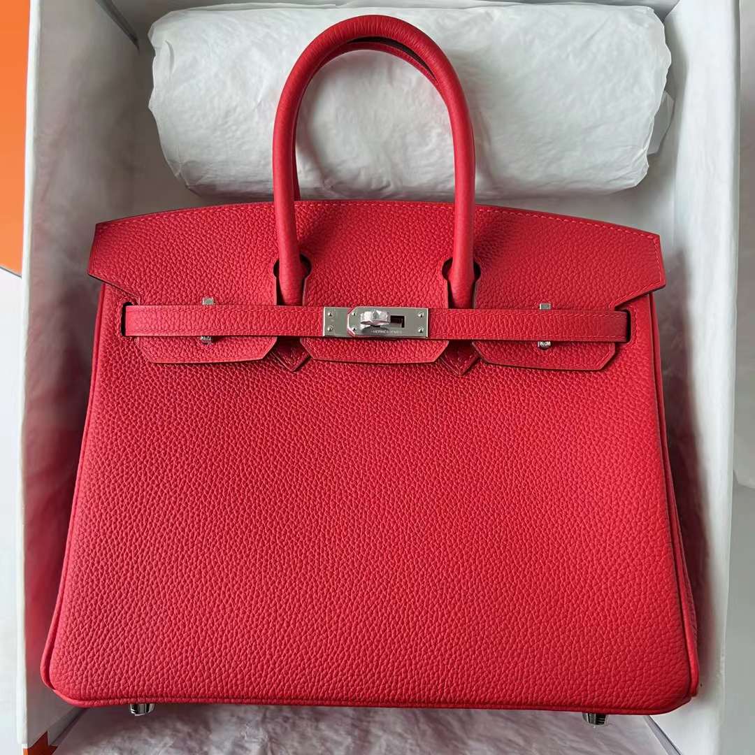 Hermès（爱马仕） Birkin 铂金包 Togo皮 顶级小牛皮 S3 心红色 银扣 25cm 全手工蜡线缝 Phw