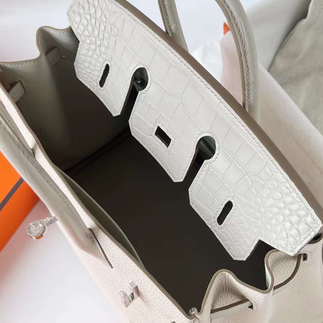 Hermès（爱马仕）Birkin 铂金包 Touch Togo & 雾面美洲鳄 8L 冰川白 银扣 25cm 全手工蜡线缝 Phw