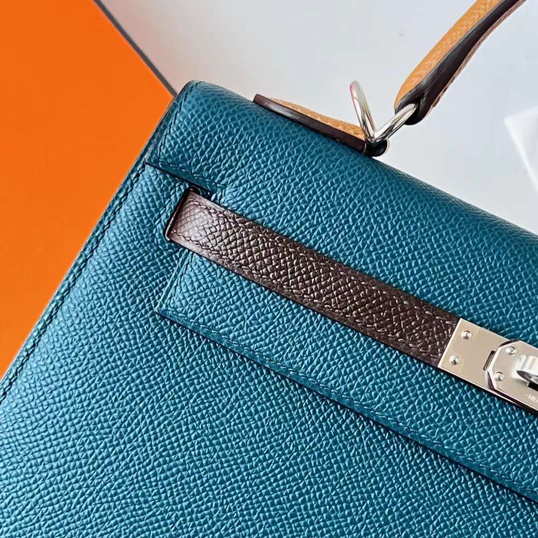 Hermès（爱马仕）Kelly 凯莉包 三拼色 Epsom 7W 伊兹密尔蓝 拼 Ck46 乌木色 拼 2S 芝麻色 银扣 25cm 全手工蜡线缝 Phw