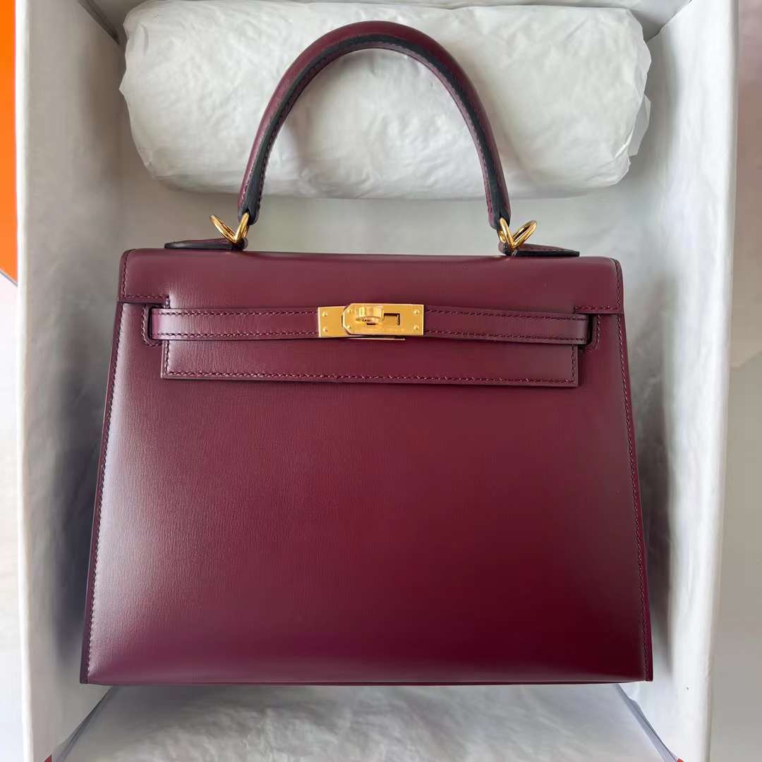 Hermès（爱马仕）Kelly 凯莉包 Box皮 Ck57 波尔多酒红 金扣 金扣 25cm 全手工蜡线缝 Ghw