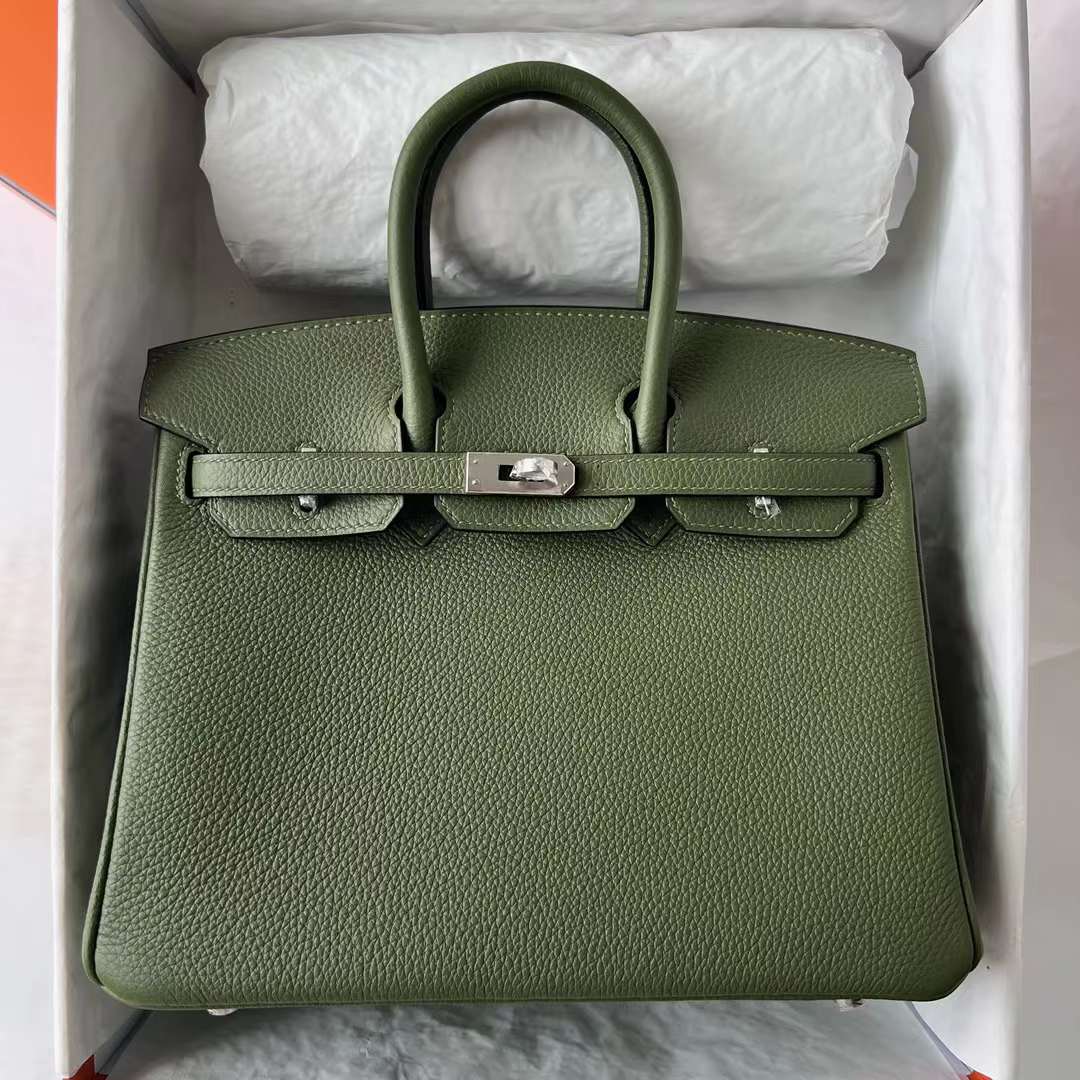 Hermès（爱马仕）Birkin 铂金包 Togo皮 顶级小牛皮 V6 丛林绿 银扣 25cm 全手工蜡线缝 Phw