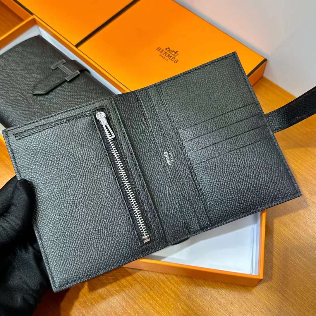 Hermès（爱马仕）Bearn H短款钱包 Epsom Ck89 黑色 黑扣 一级工艺 全手工蜡线缝