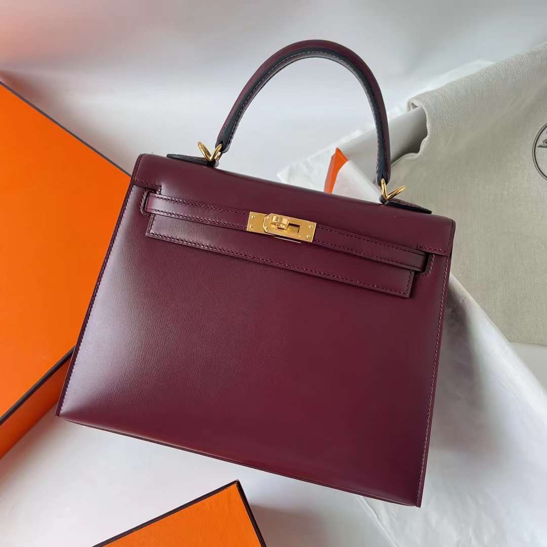 Hermès（爱马仕）Kelly 凯莉包 Box皮 Ck57 波尔多酒红 金扣 金扣 25cm 全手工蜡线缝 Ghw