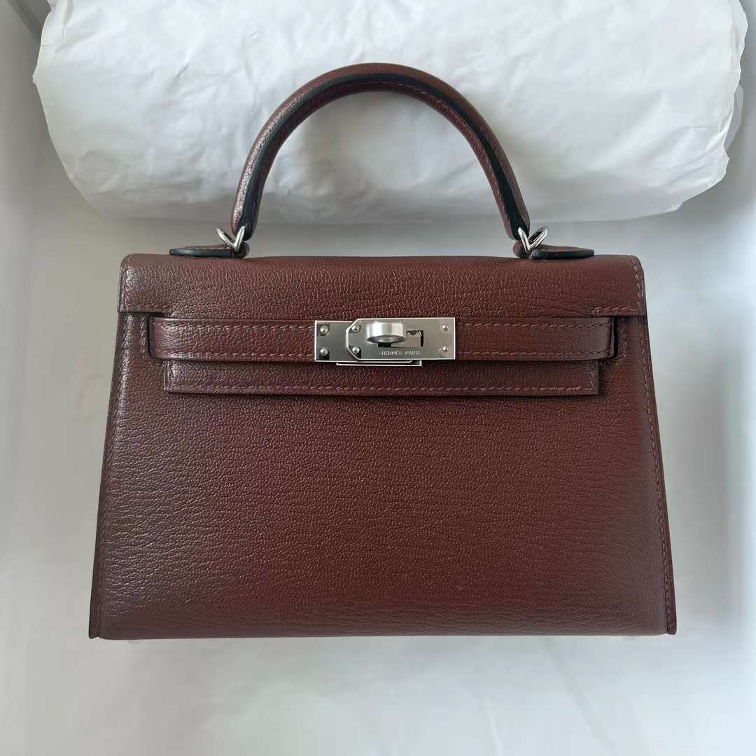 Hermès（爱马仕）Mini Kelly 迷你凯莉 Chevre 进口山羊皮 Ck41 哈瓦那色 内拼 蜜糖棕 银扣 22cm 全手工蜡线缝 Phw
