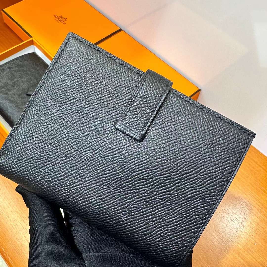 Hermès（爱马仕）Bearn H短款钱包 Epsom Ck89 黑色 黑扣 一级工艺 全手工蜡线缝