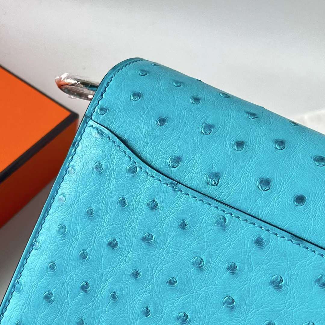 Hermès（爱马仕）Roulis 猪鼻子 Ostrich 进口鸵鸟皮 7F 孔雀蓝 银扣 18cm 全手工蜡线缝 Phw