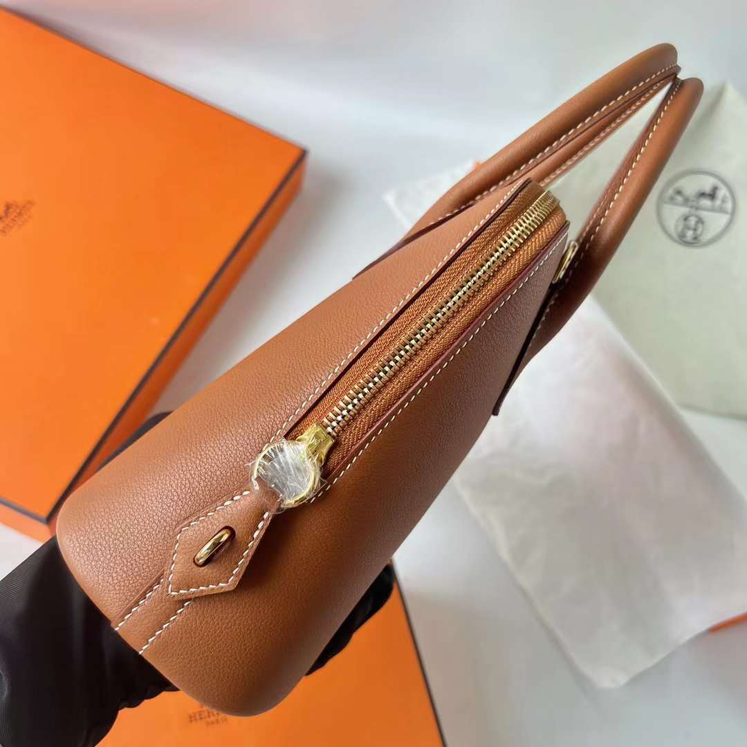 Hermès（爱马仕）Bolide 保龄球包 Evercolor Ck37 金棕色 内拼 P9 海葵紫 金扣 25cm 全手工蜡线缝 Ghw