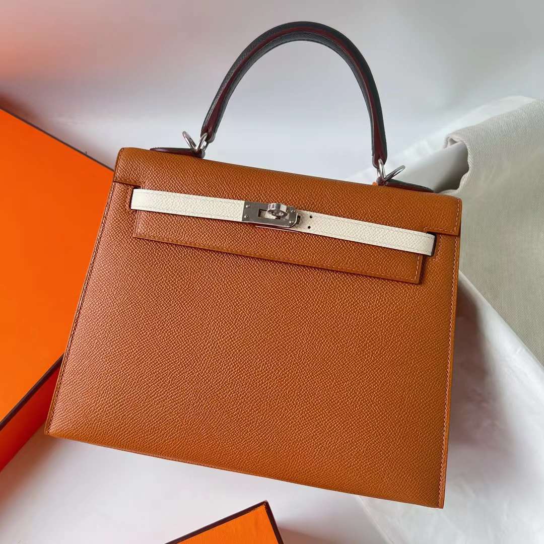 Hermès（爱马仕）Kelly 凯莉包 三拼色 Epsom Ck37 金棕色 拼 I2 奶油白 拼 黑色 内拼 宝石蓝 银扣 25cm 全手工蜡线缝 Phw