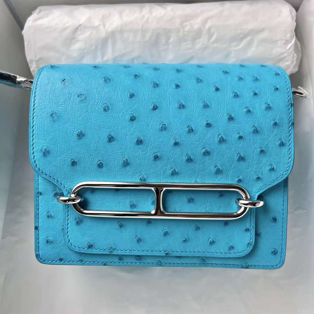 Hermès（爱马仕）Roulis 猪鼻子 Ostrich 进口鸵鸟皮 7F 孔雀蓝 银扣 18cm 全手工蜡线缝 Phw
