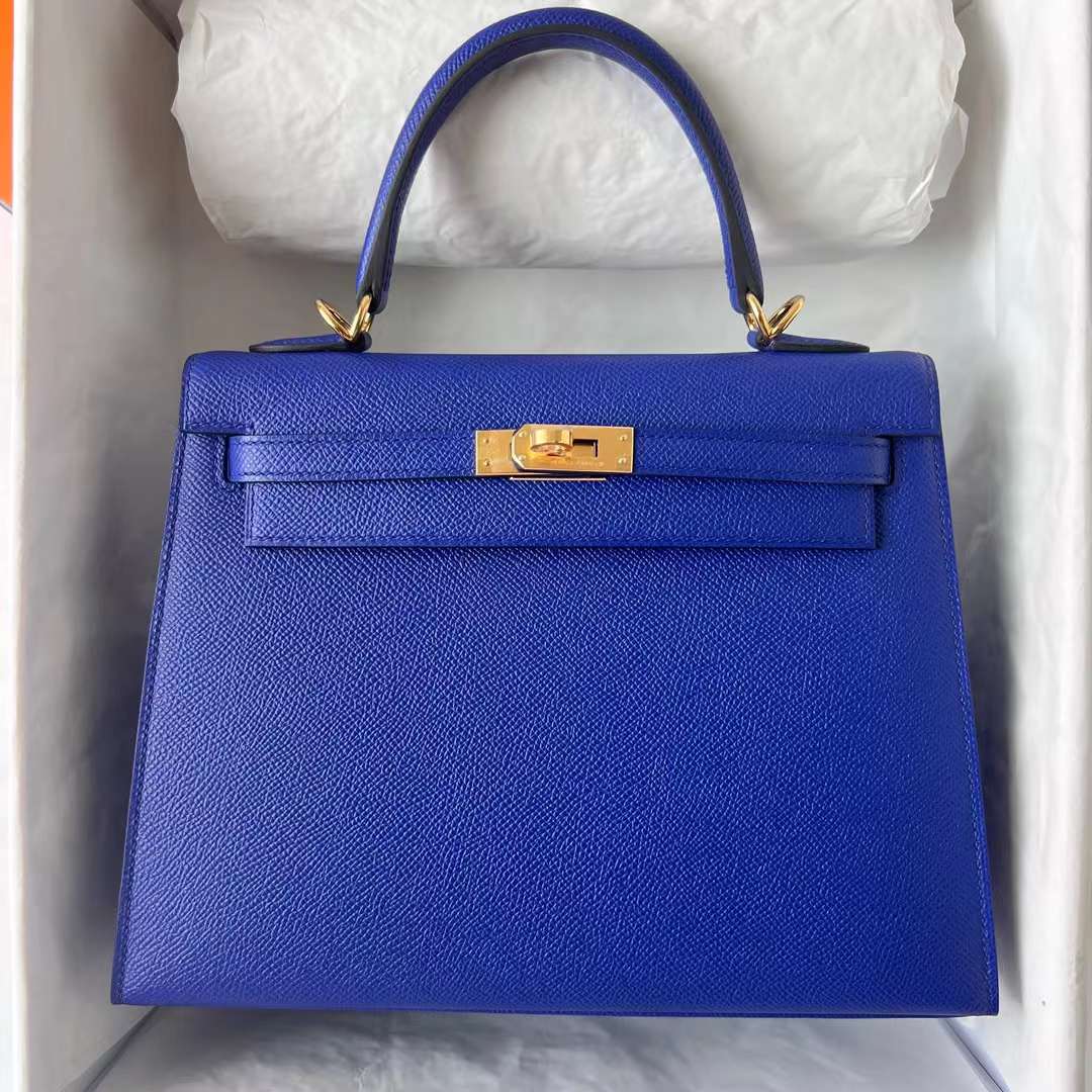 Hermès（爱马仕）Kelly 凯莉包 Epsom 7T 电光蓝 金扣 25cm 全手工蜡线缝 Ghw