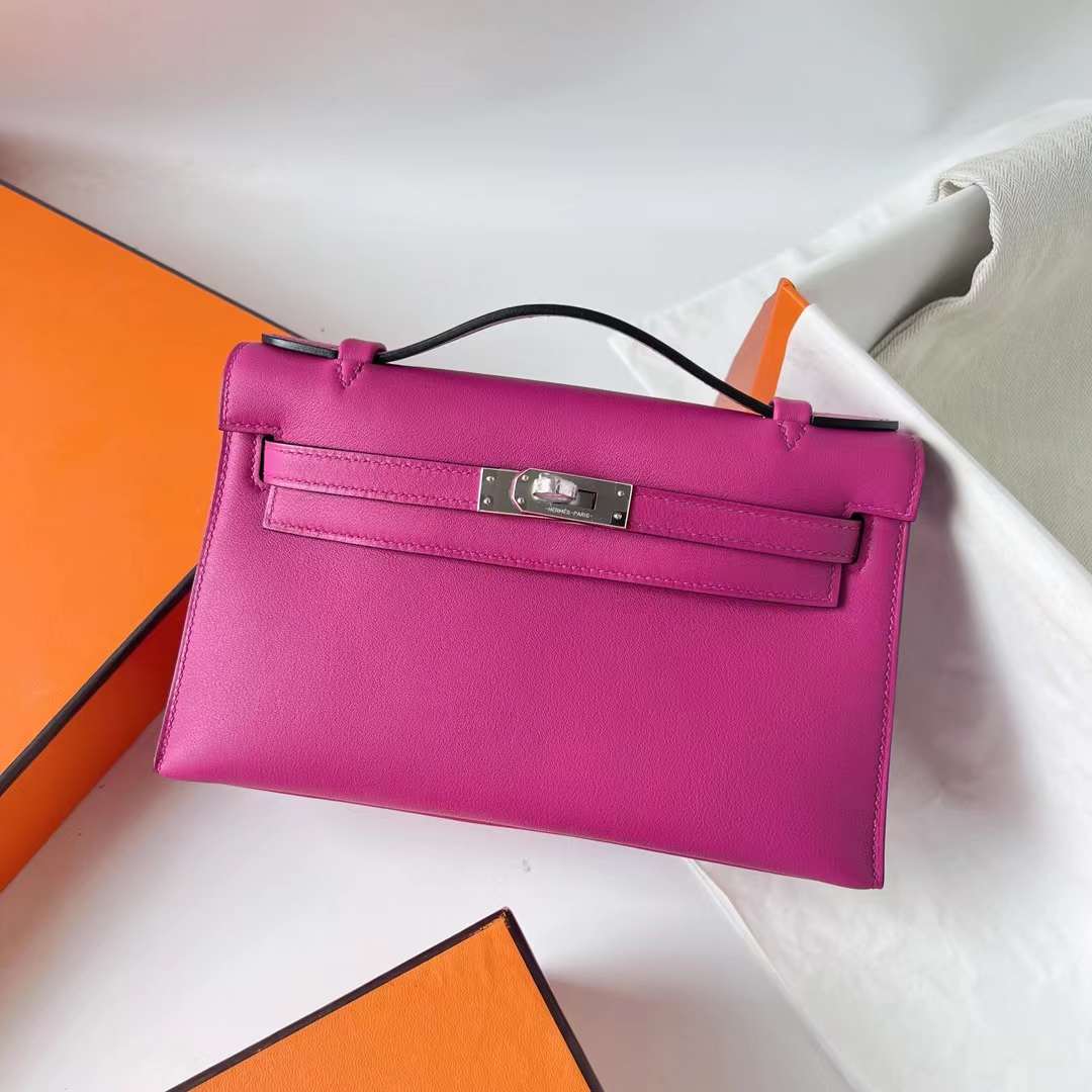 Hermès（爱马仕）Mini Kelly Pochette Swift L3 玫瑰紫 银扣 22cm 全手工蜡线缝 Phw