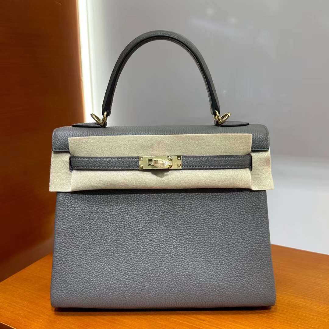 Hermès（爱马仕）Kelly 凯莉包 Togo 8F 锡器灰 金扣 25cm 全手工蜡线缝 Ghw