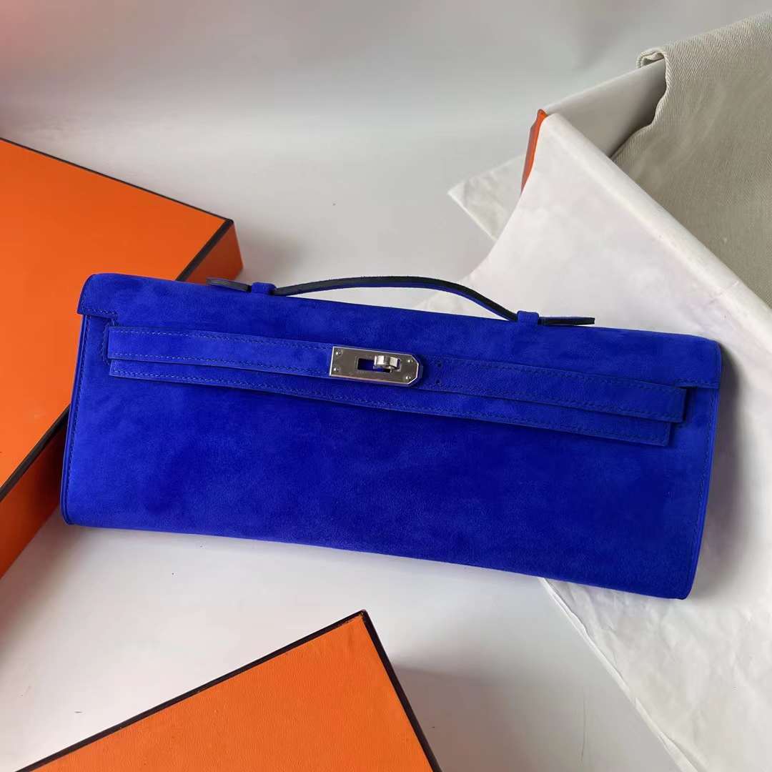 Hermès（爱马仕）Kelly cut Suede 进口麂皮 7T 电光蓝 银扣 31cm 全手工蜡线缝 Phw
