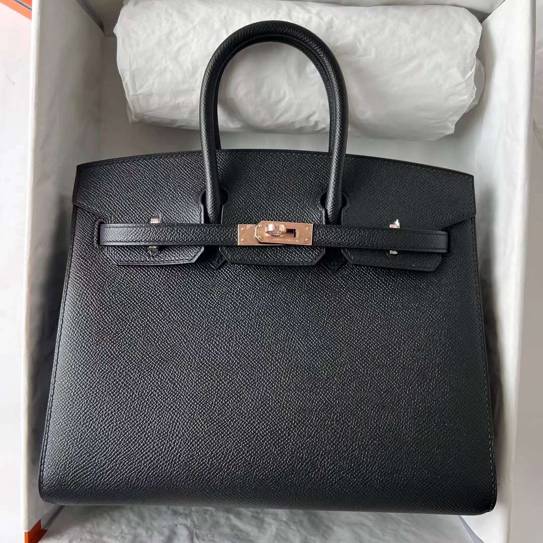 Hermès（爱马仕）Birkin 铂金包 Selling Epsom Ck89 黑色 玫瑰金扣 25cm 全手工蜡线缝 Rghw