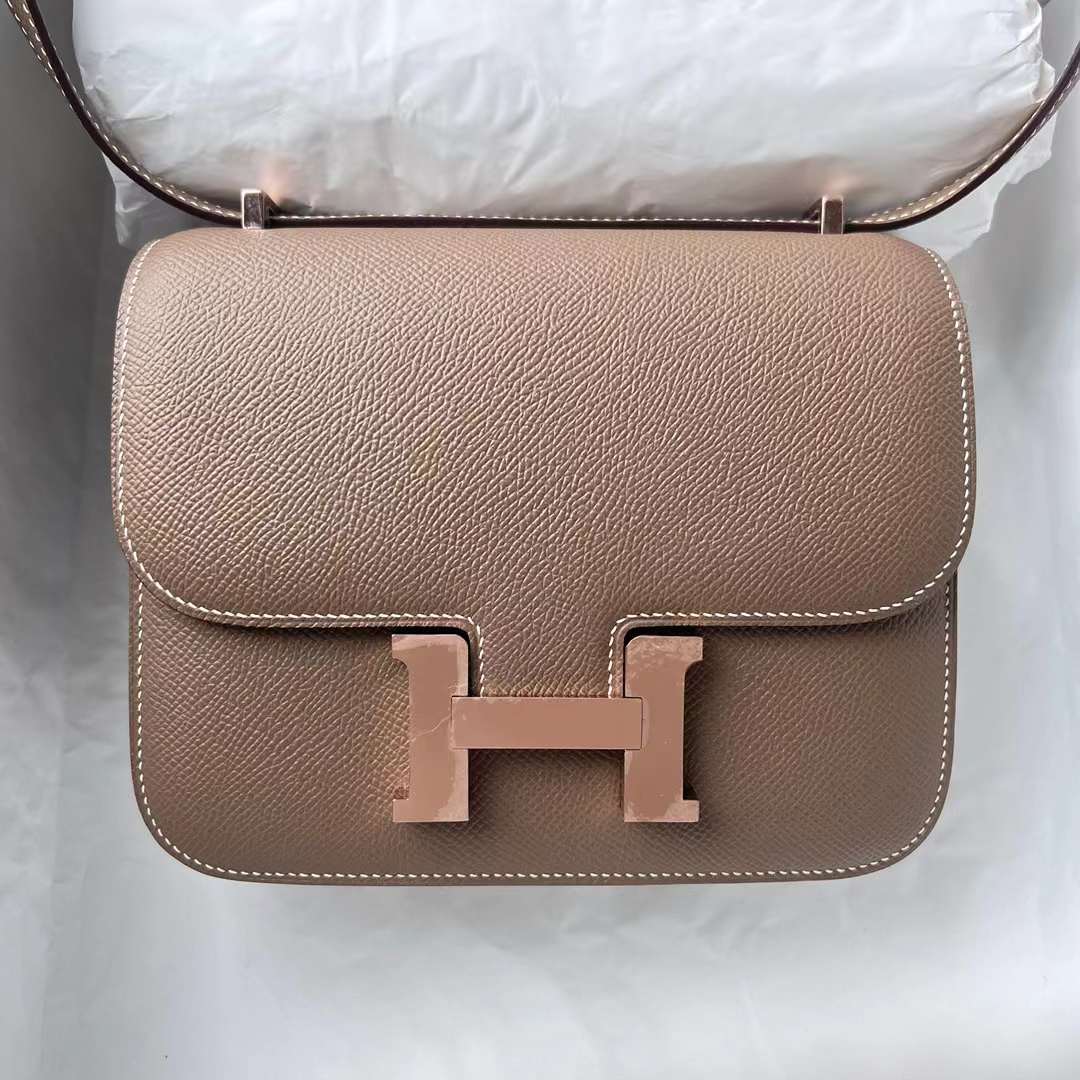 Hermès（爱马仕）Constance 空姐包 1-19 Epsom 镜子款 ck18 大象灰 玫瑰金扣 19cm 全手工蜡线缝 RGhw