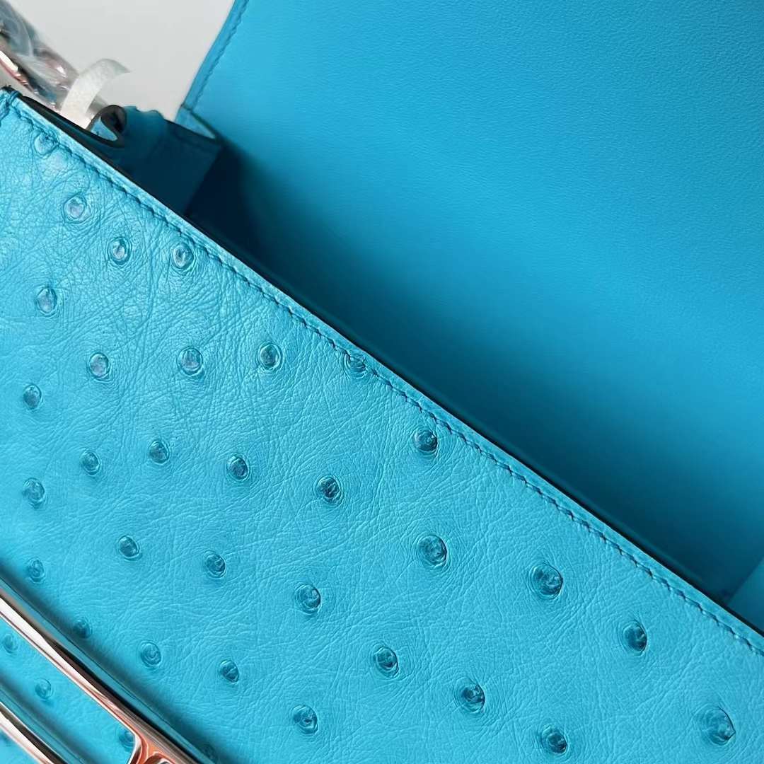 Hermès（爱马仕）Roulis 猪鼻子 Ostrich 进口鸵鸟皮 7F 孔雀蓝 银扣 18cm 全手工蜡线缝 Phw