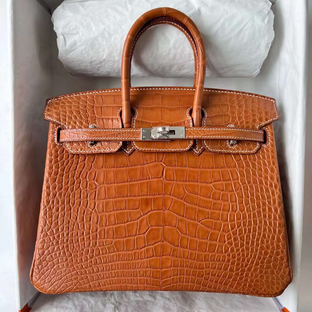 Hermès（爱马仕）Birkin 铂金包 雾面美洲鳄鱼皮 拼 马鞍皮 matte alligator crocodile CC34 原始色 银扣 25cm 全手工蜡线缝 Phw