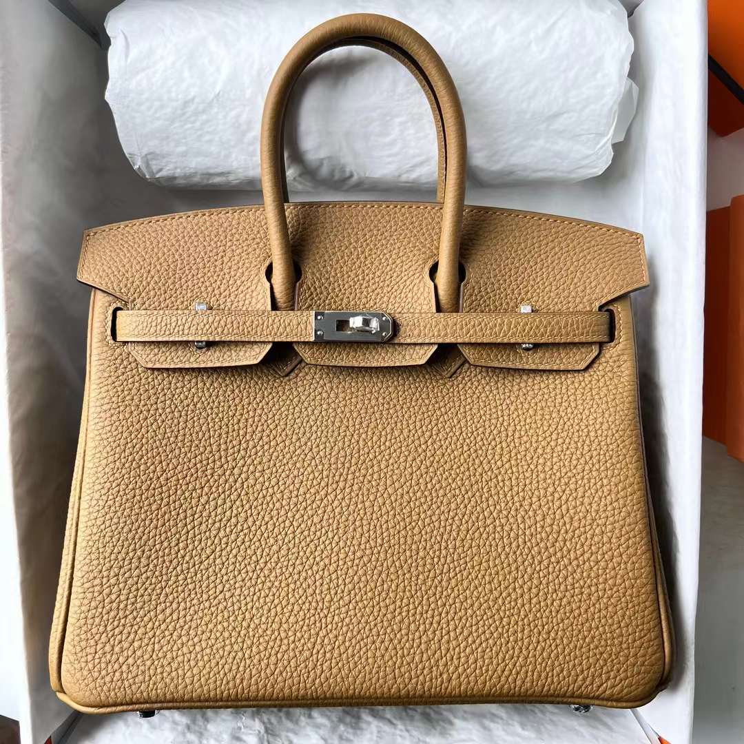 Hermès（爱马仕）Birkin 铂金包 Togo皮 顶级小牛皮 4B 饼干色 内拼 T0 雾蓝色 银扣 25cm 全手工蜡线缝 Phw