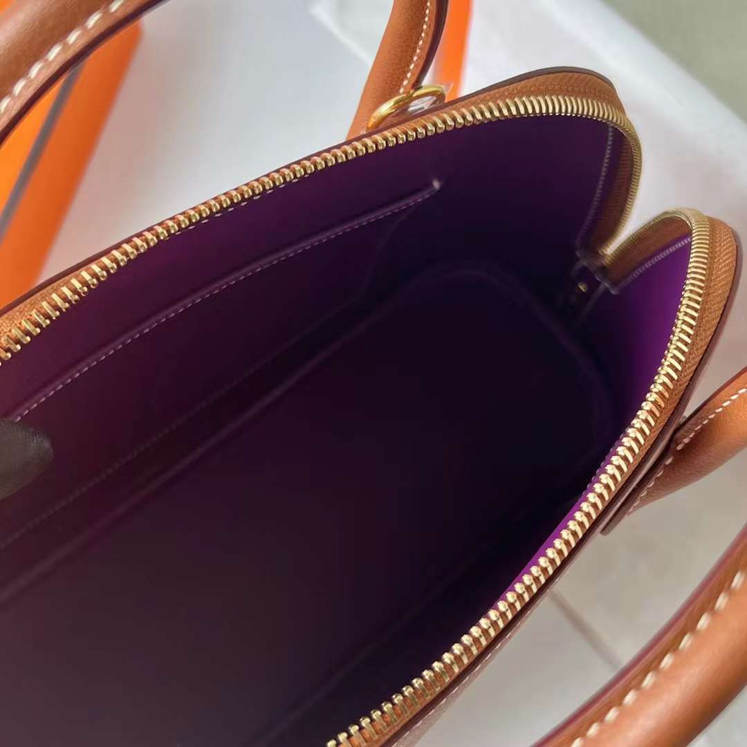 Hermès（爱马仕）Bolide 保龄球包 Evercolor Ck37 金棕色 内拼 P9 海葵紫 金扣 25cm 全手工蜡线缝 Ghw