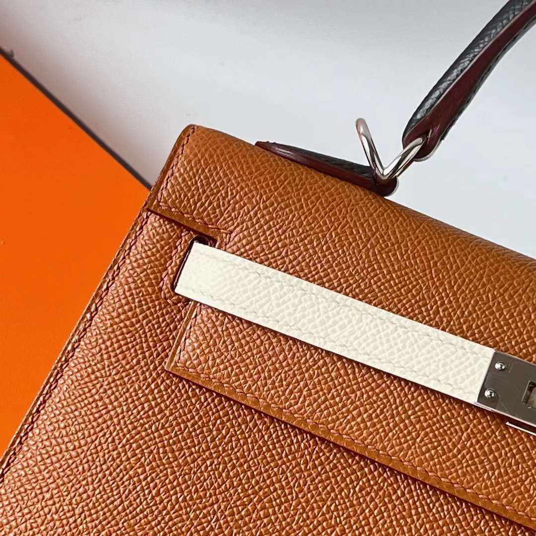 Hermès（爱马仕）Kelly 凯莉包 三拼色 Epsom Ck37 金棕色 拼 I2 奶油白 拼 黑色 内拼 宝石蓝 银扣 25cm 全手工蜡线缝 Phw