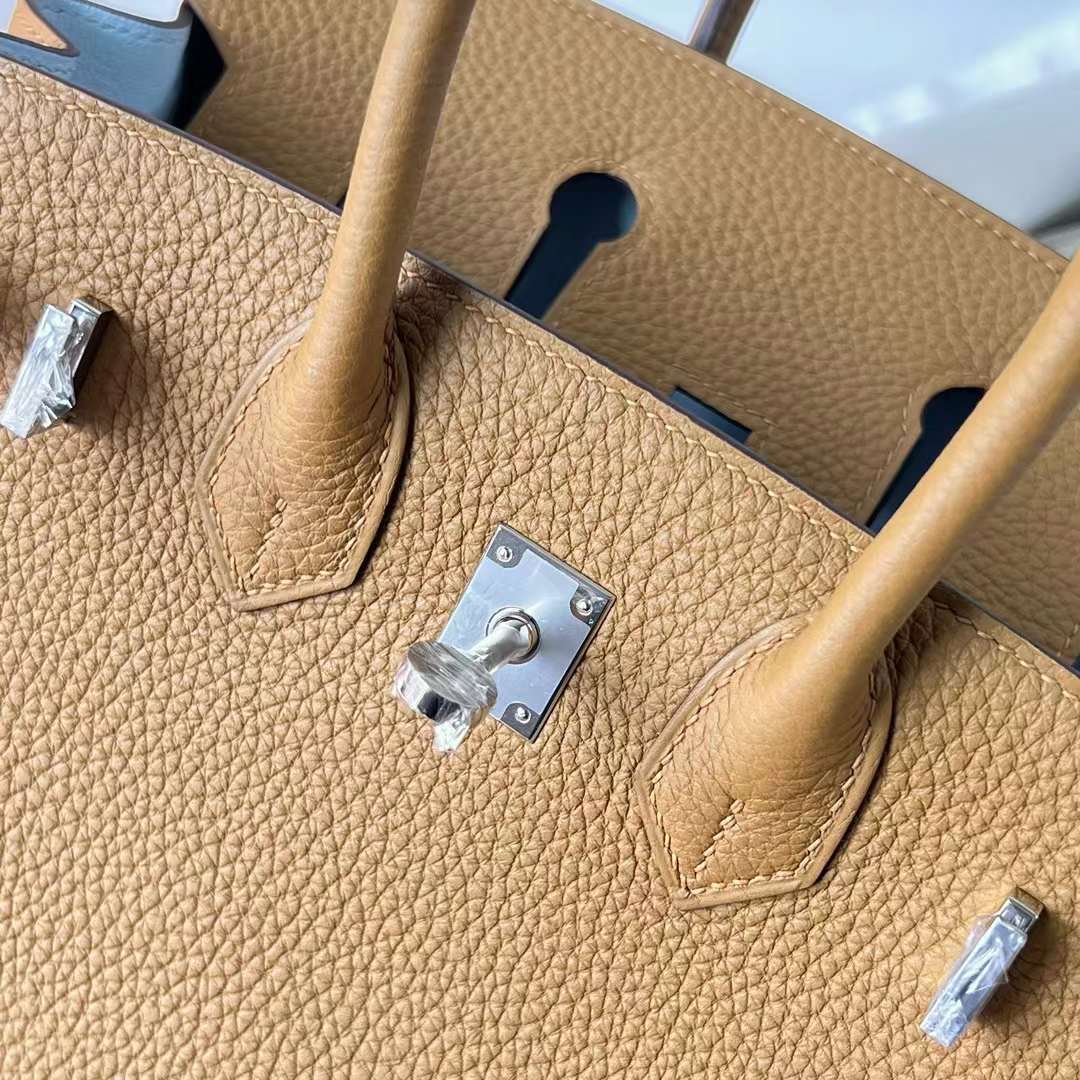 Hermès（爱马仕）Birkin 铂金包 Togo皮 顶级小牛皮 4B 饼干色 内拼 T0 雾蓝色 银扣 25cm 全手工蜡线缝 Phw