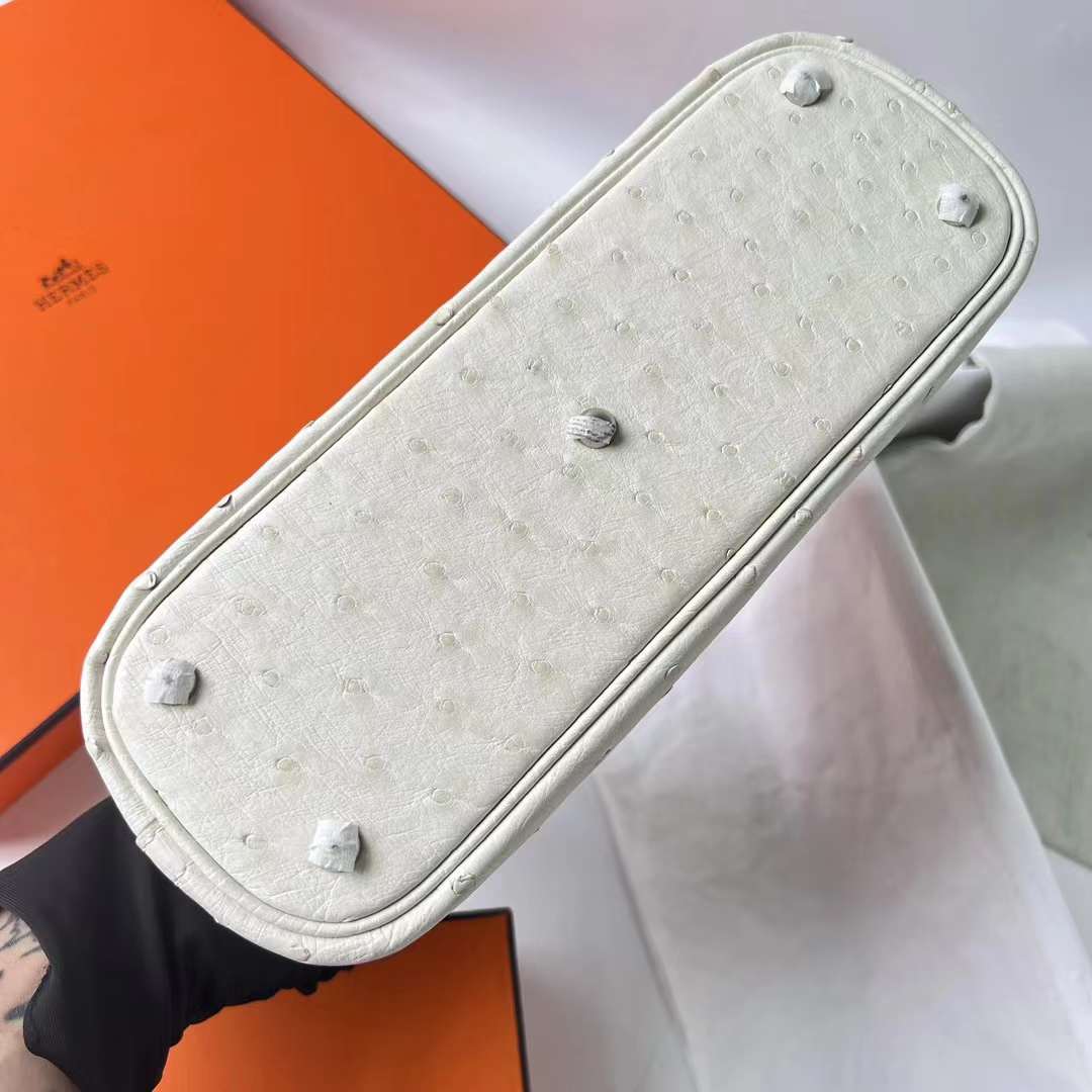 Hermès（爱马仕）Bolide 保龄球包 Ostrich 进口kk鸵鸟皮 3C 羊毛白 银扣 25cm 全手工蜡线缝 Phw