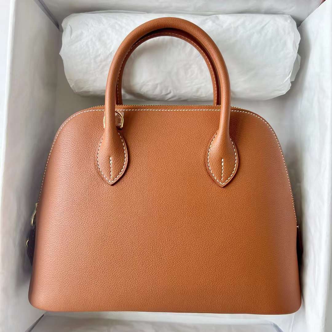 Hermès（爱马仕）Bolide 保龄球包 Evercolor Ck37 金棕色 内拼 P9 海葵紫 金扣 25cm 全手工蜡线缝 Ghw