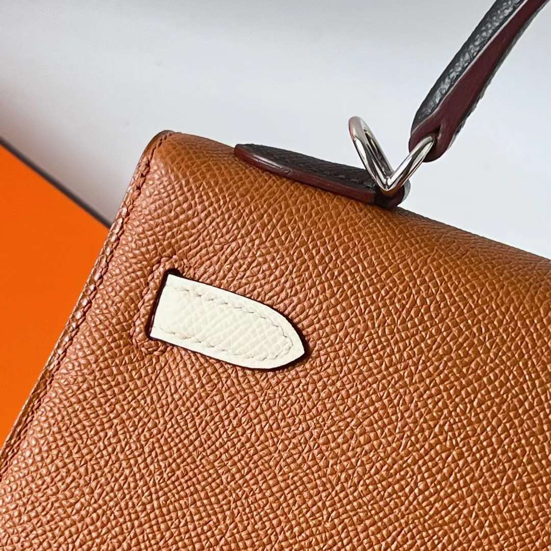 Hermès（爱马仕）Kelly 凯莉包 三拼色 Epsom Ck37 金棕色 拼 I2 奶油白 拼 黑色 内拼 宝石蓝 银扣 25cm 全手工蜡线缝 Phw