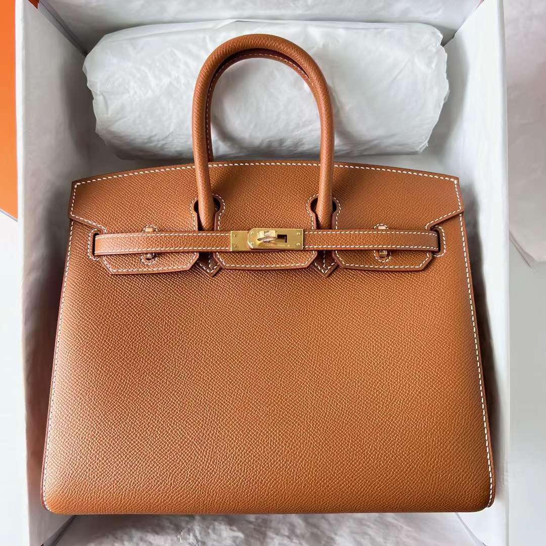 Hermès（爱马仕）Birkin 铂金包 Sellier Epsom Ck37 金棕色 金扣 25cm 全手工蜡线缝 Ghw