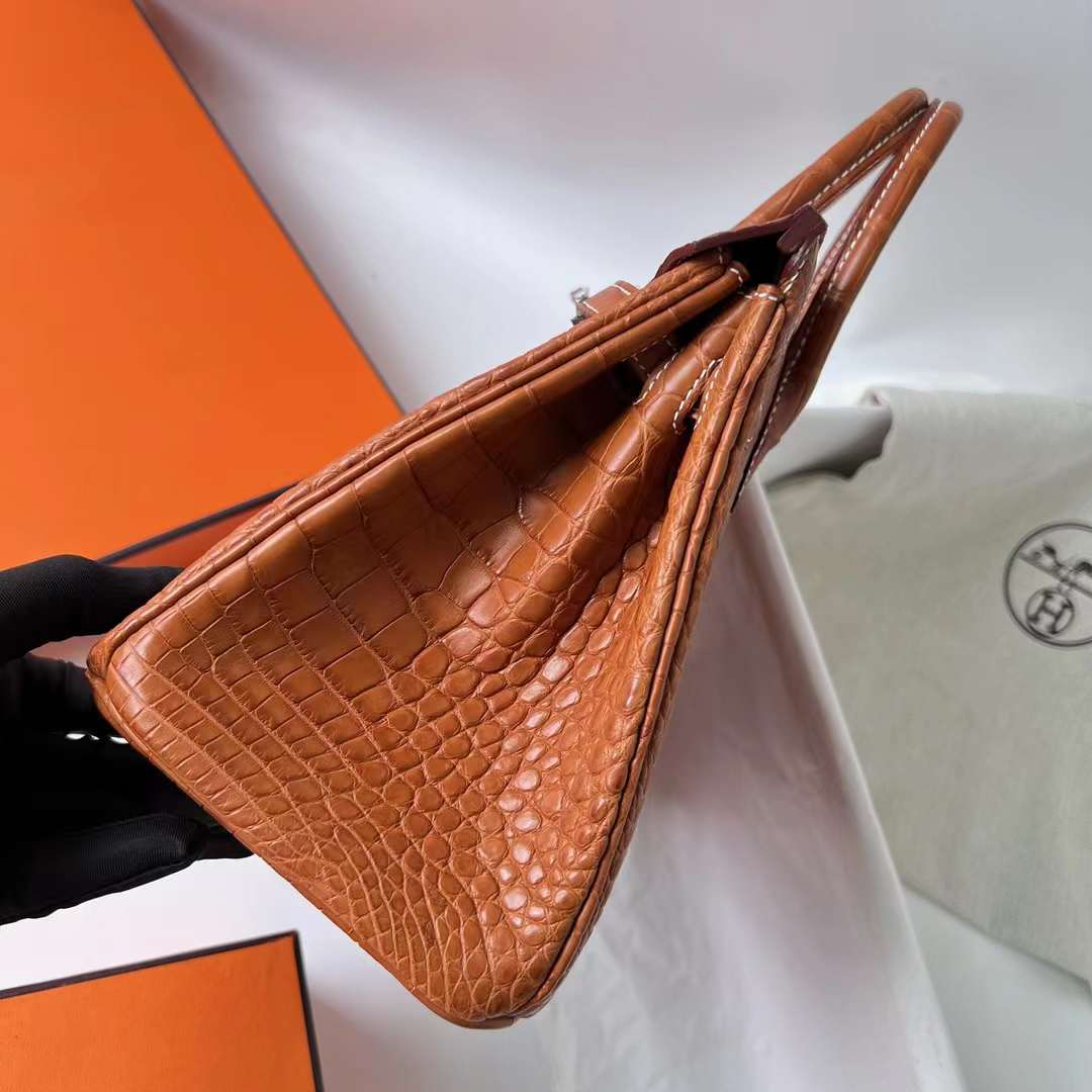 Hermès（爱马仕）Birkin 铂金包 雾面美洲鳄鱼皮 拼 马鞍皮 matte alligator crocodile CC34 原始色 银扣 25cm 全手工蜡线缝 Phw