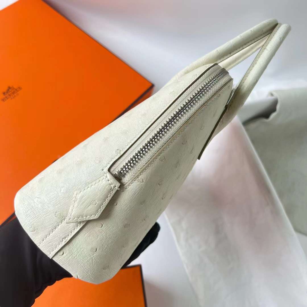 Hermès（爱马仕）Bolide 保龄球包 Ostrich 进口kk鸵鸟皮 3C 羊毛白 银扣 25cm 全手工蜡线缝 Phw
