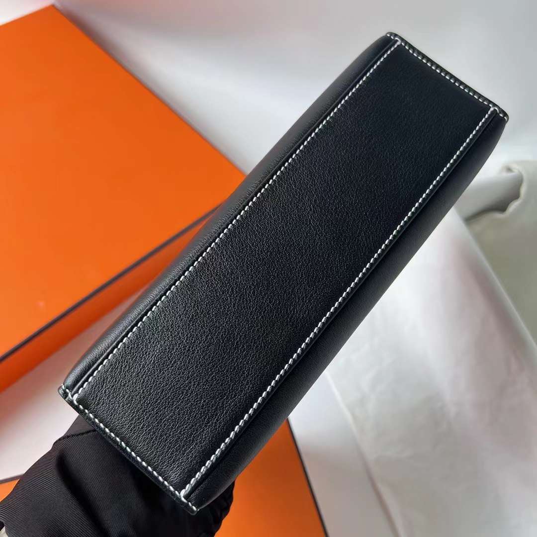 Hermès（爱马仕）Mini Kelly Pochette Swift Ck89 黑色 内拼 9D 琥珀黄 银扣 22cm 全手工蜡线缝 Phw