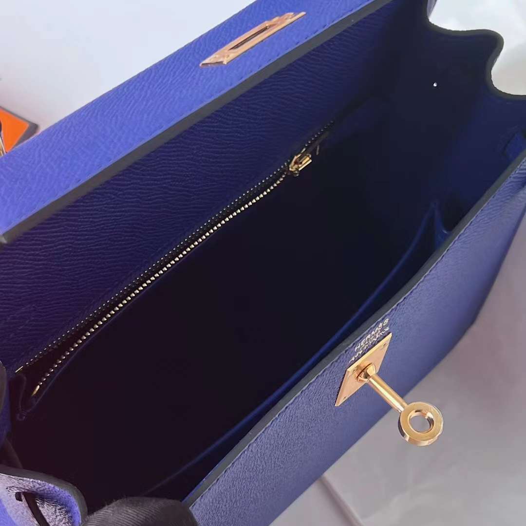 Hermès（爱马仕）Kelly 凯莉包 Epsom 7T 电光蓝 金扣 25cm 全手工蜡线缝 Ghw