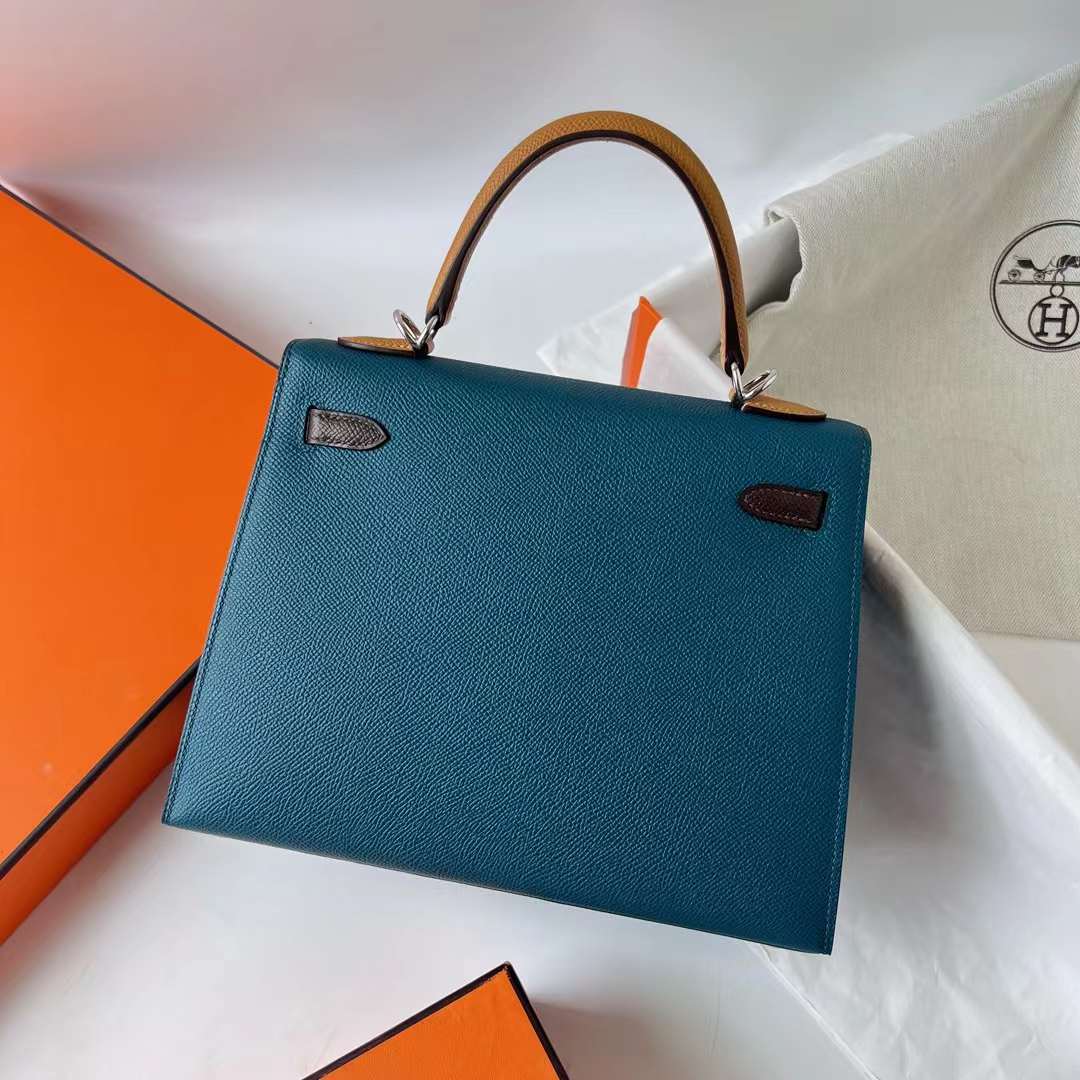 Hermès（爱马仕）Kelly 凯莉包 三拼色 Epsom 7W 伊兹密尔蓝 拼 Ck46 乌木色 拼 2S 芝麻色 银扣 25cm 全手工蜡线缝 Phw