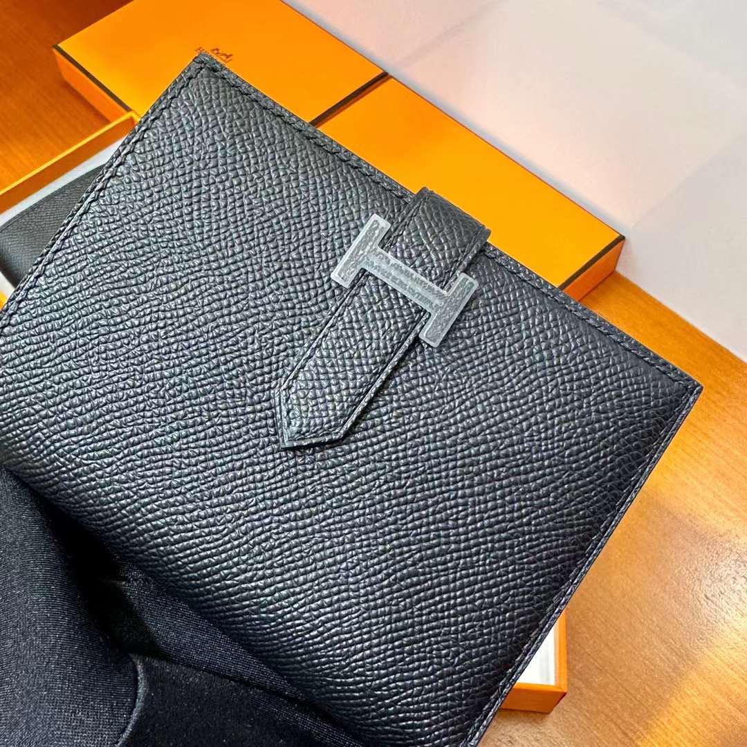 Hermès（爱马仕）Bearn H短款钱包 Epsom Ck89 黑色 黑扣 一级工艺 全手工蜡线缝