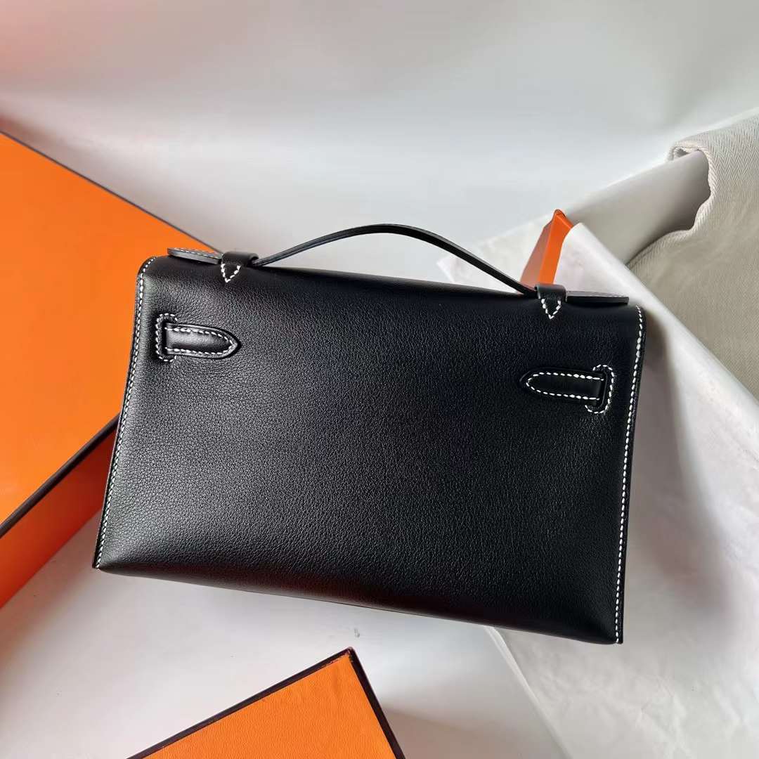 Hermès（爱马仕）Mini Kelly Pochette Swift Ck89 黑色 内拼 9D 琥珀黄 银扣 22cm 全手工蜡线缝 Phw