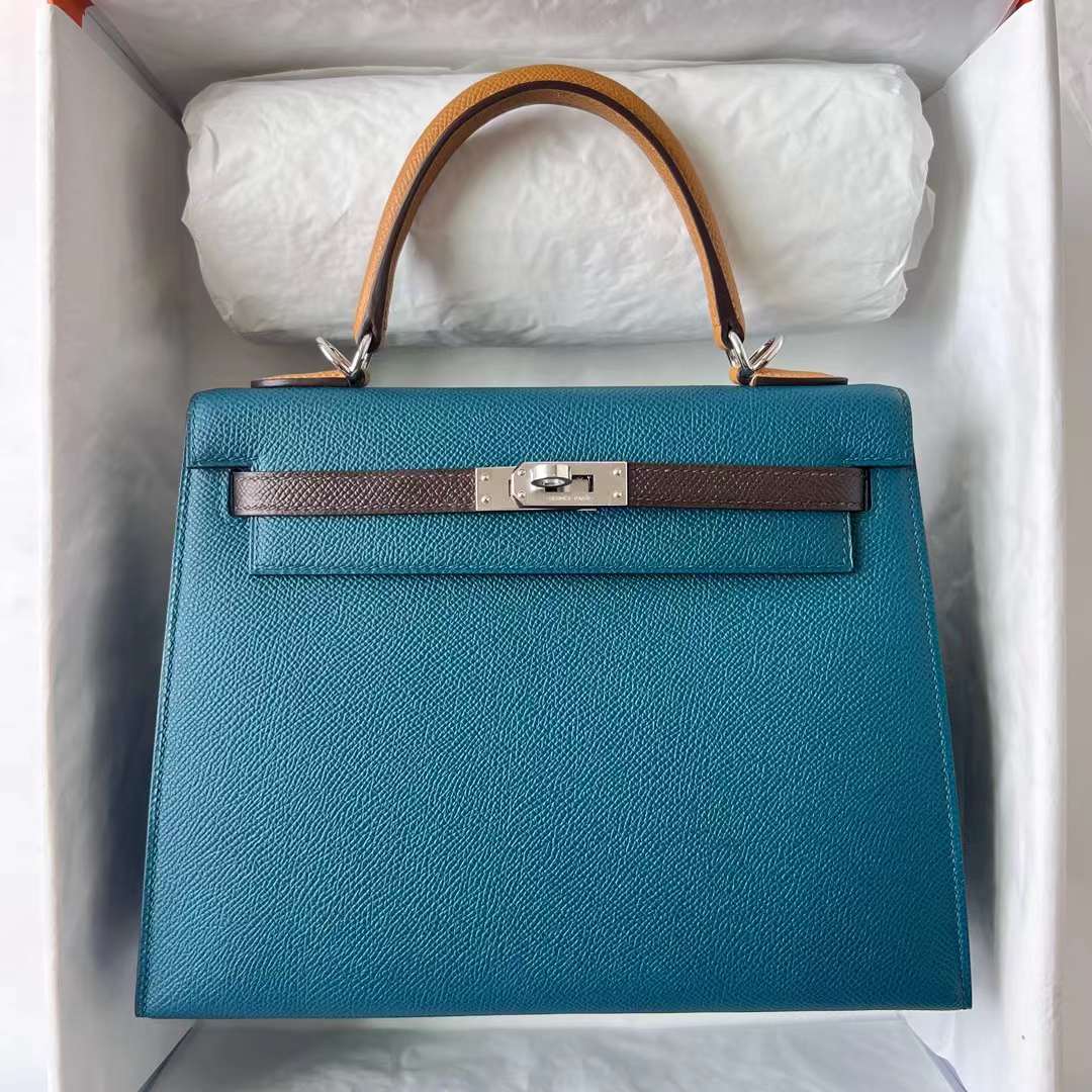 Hermès（爱马仕）Kelly 凯莉包 三拼色 Epsom 7W 伊兹密尔蓝 拼 Ck46 乌木色 拼 2S 芝麻色 银扣 25cm 全手工蜡线缝 Phw