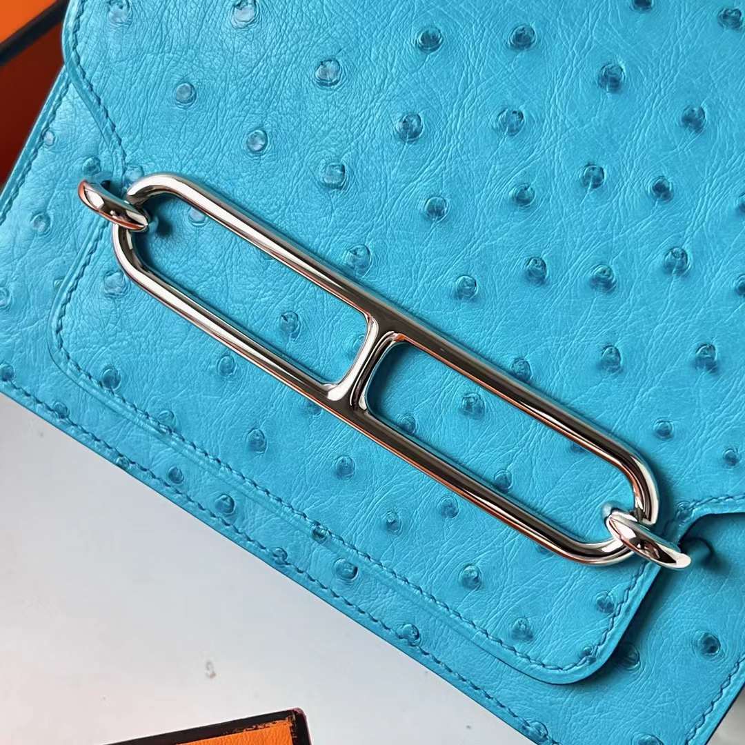 Hermès（爱马仕）Roulis 猪鼻子 Ostrich 进口鸵鸟皮 7F 孔雀蓝 银扣 18cm 全手工蜡线缝 Phw