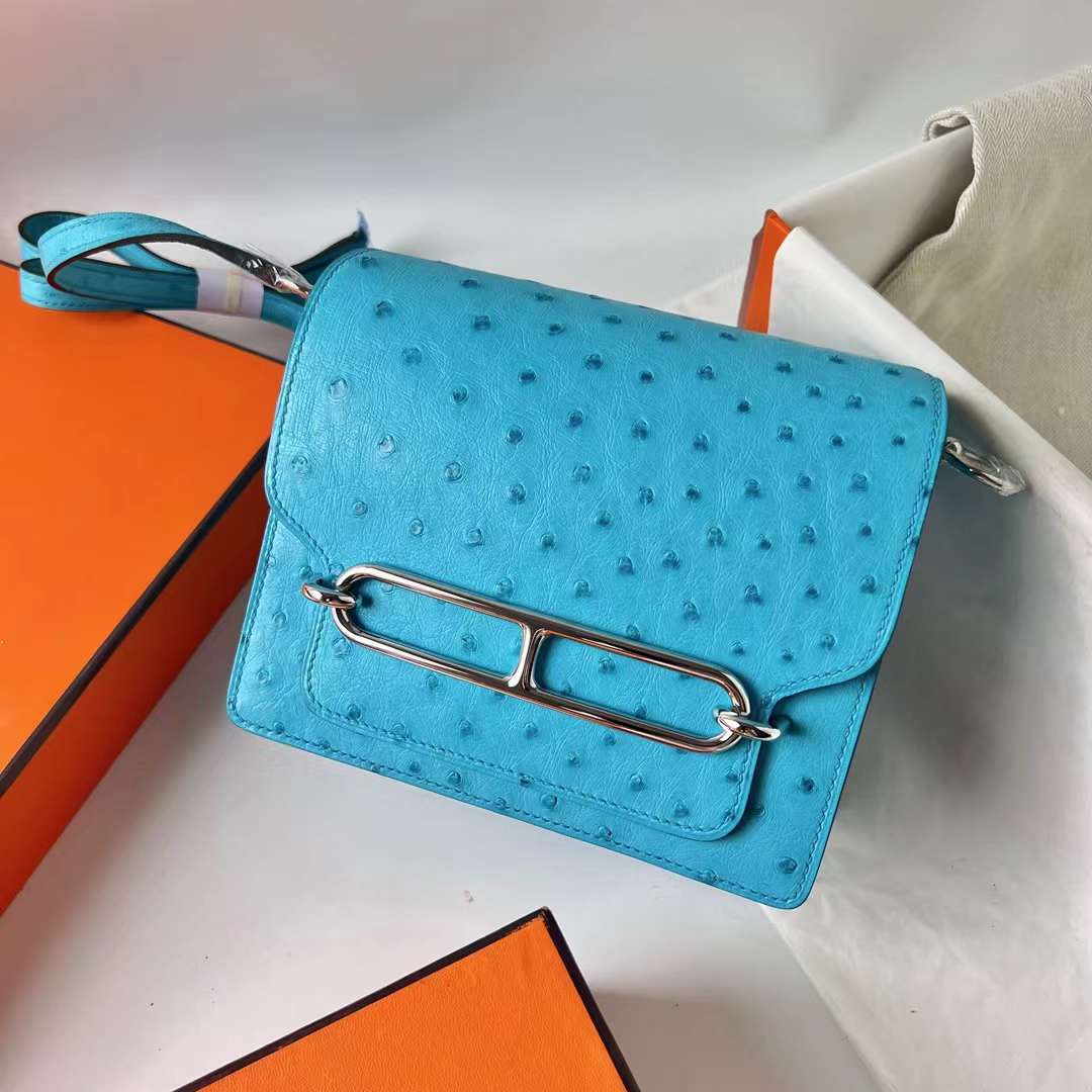 Hermès（爱马仕）Roulis 猪鼻子 Ostrich 进口鸵鸟皮 7F 孔雀蓝 银扣 18cm 全手工蜡线缝 Phw