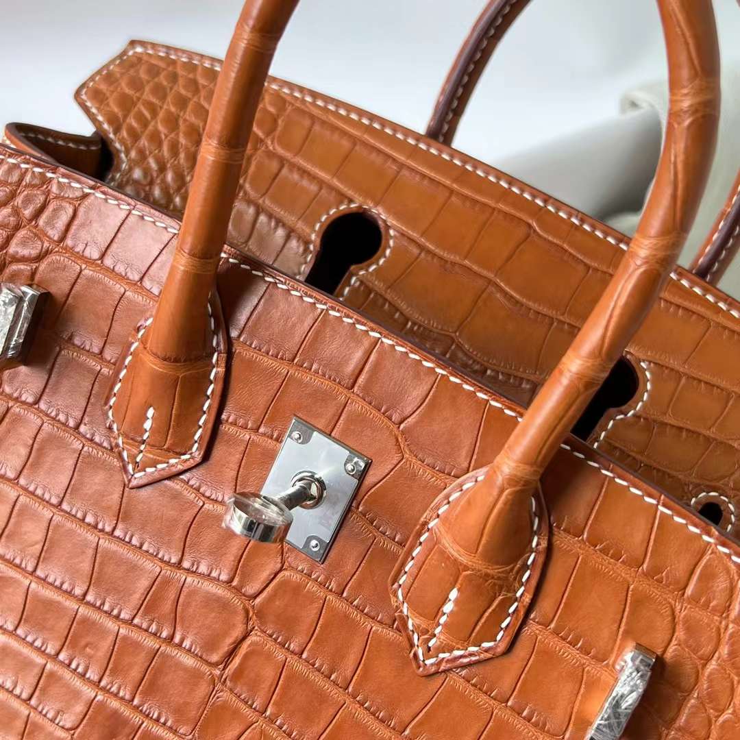 Hermès（爱马仕）Birkin 铂金包 雾面美洲鳄鱼皮 拼 马鞍皮 matte alligator crocodile CC34 原始色 银扣 25cm 全手工蜡线缝 Phw