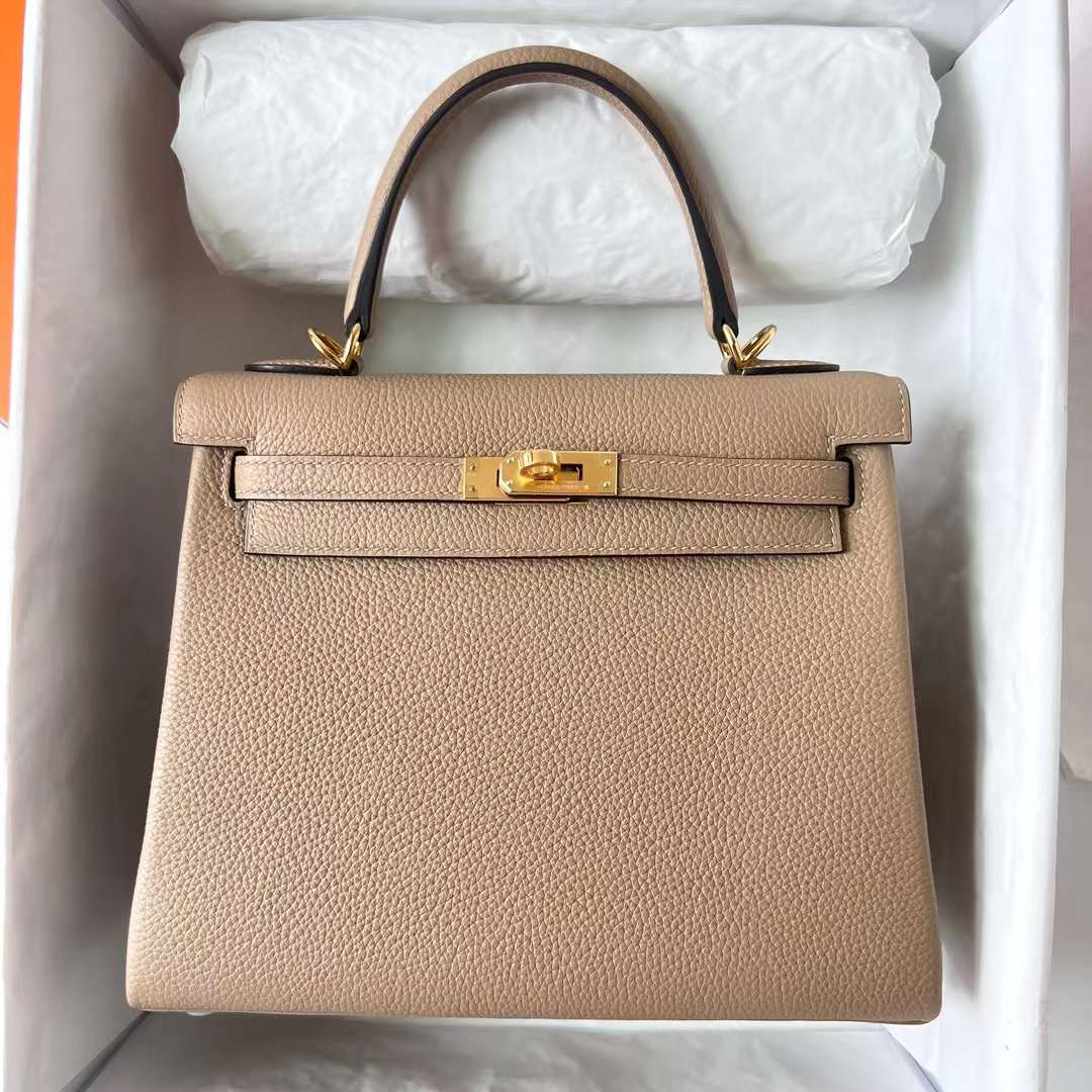 Hermès（爱马仕）Kelly 凯莉包 Togo 进口德国小牛皮 S2 风衣灰 金扣 25cm 全手工蜡线缝 Ghw