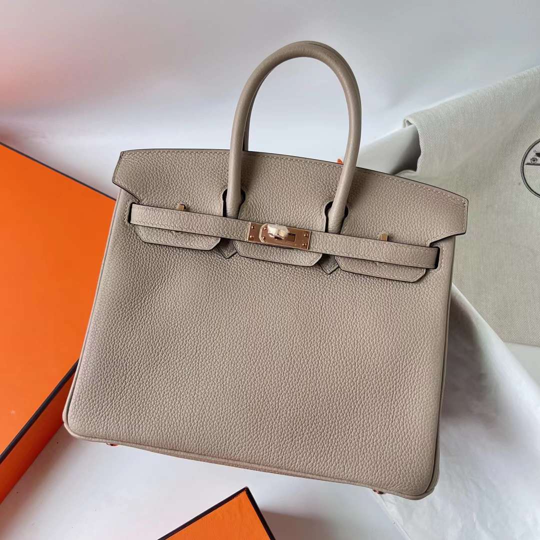 Hermès（爱马仕）Birkin 铂金包 Togo皮 顶级小牛皮 Ck81 斑鸠灰 玫瑰金扣 25cm 全手工蜡线缝 Rghw
