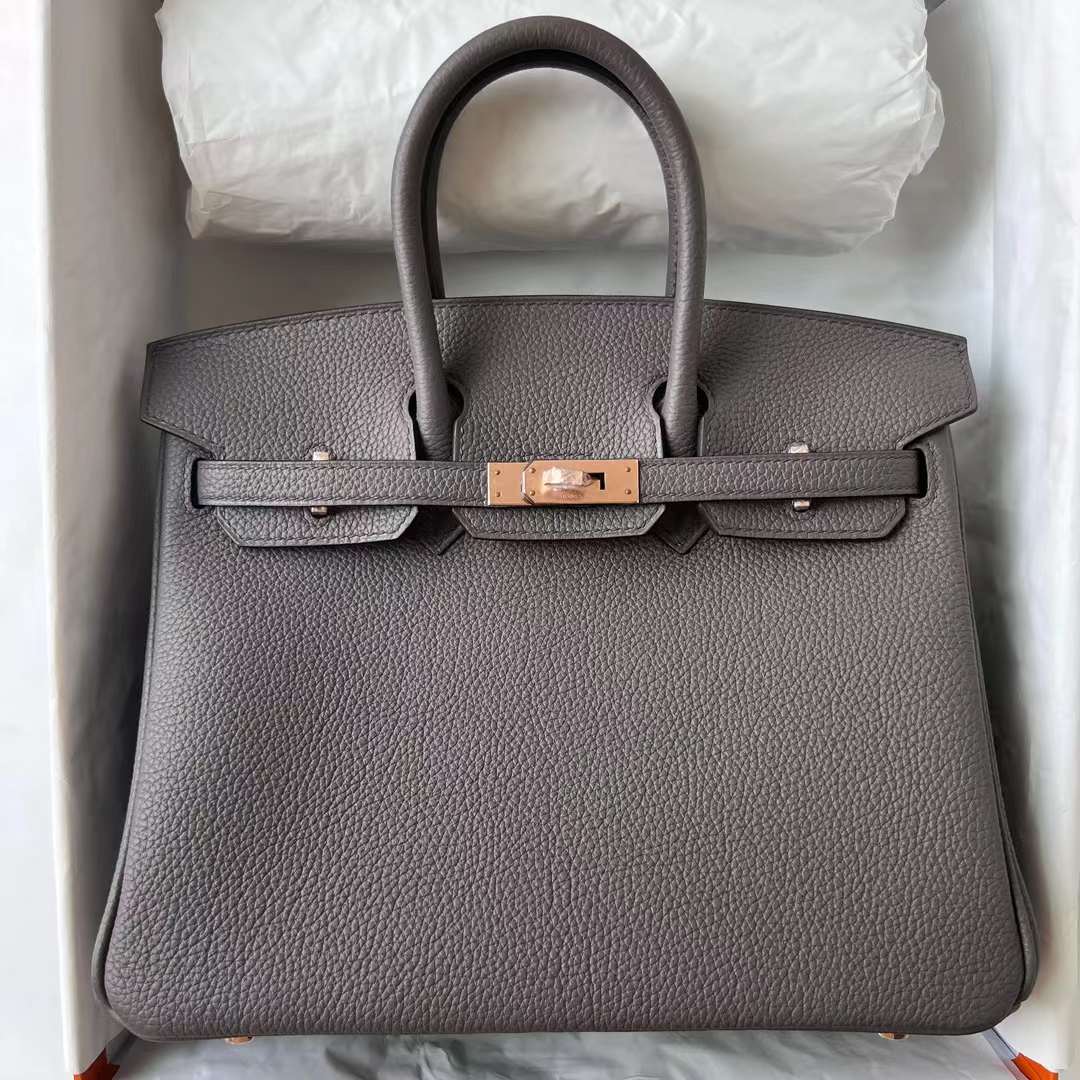 Hermès（爱马仕）Birkin 铂金包 Togo皮 顶级小牛皮 8F 锡器灰 玫瑰金扣 25cm 全手工蜡线缝 Ghw