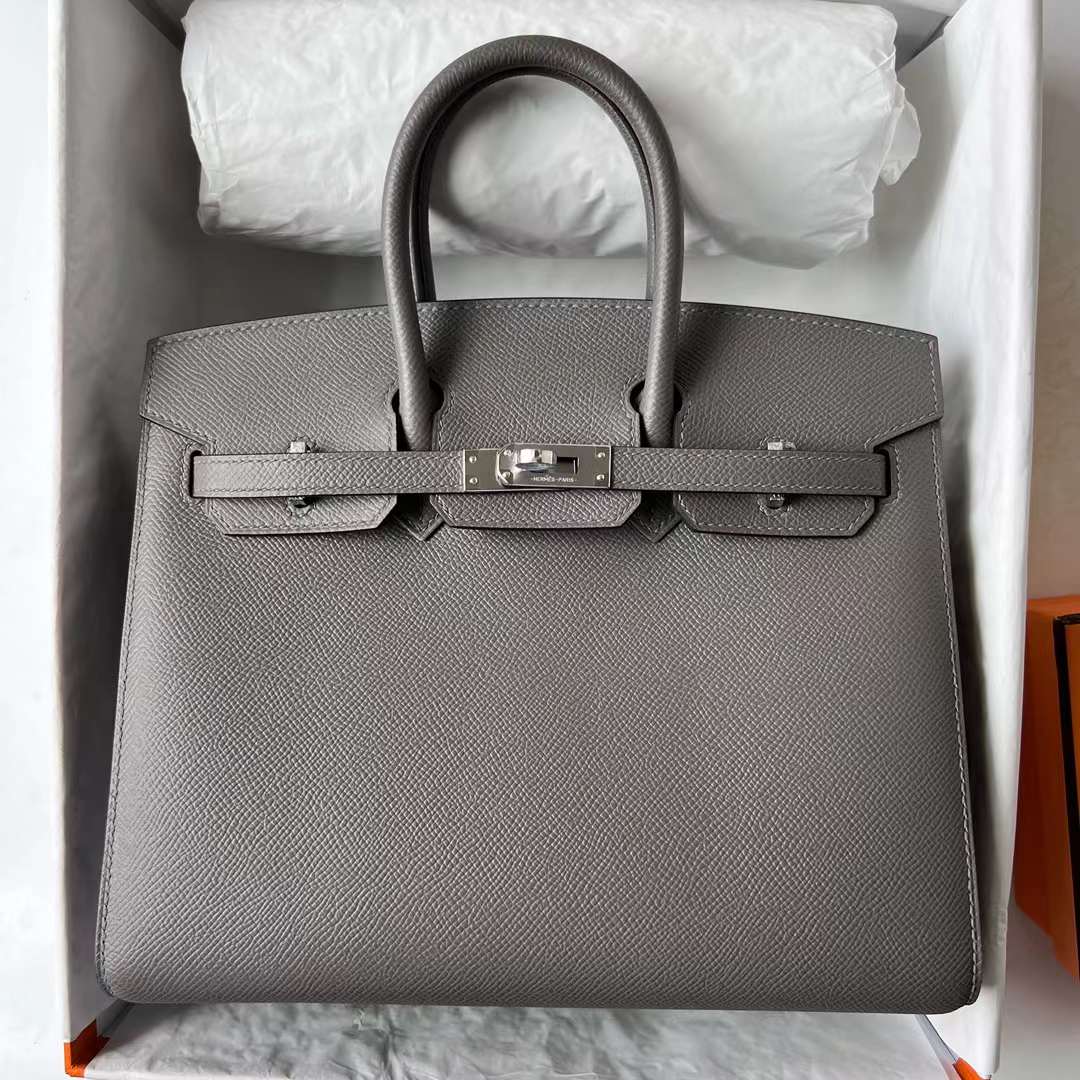 Hermès（爱马仕）Birkin 铂金包 Sellier Epsom 0L 积雨云灰 银扣 25cm 全手工蜡线缝 Phw