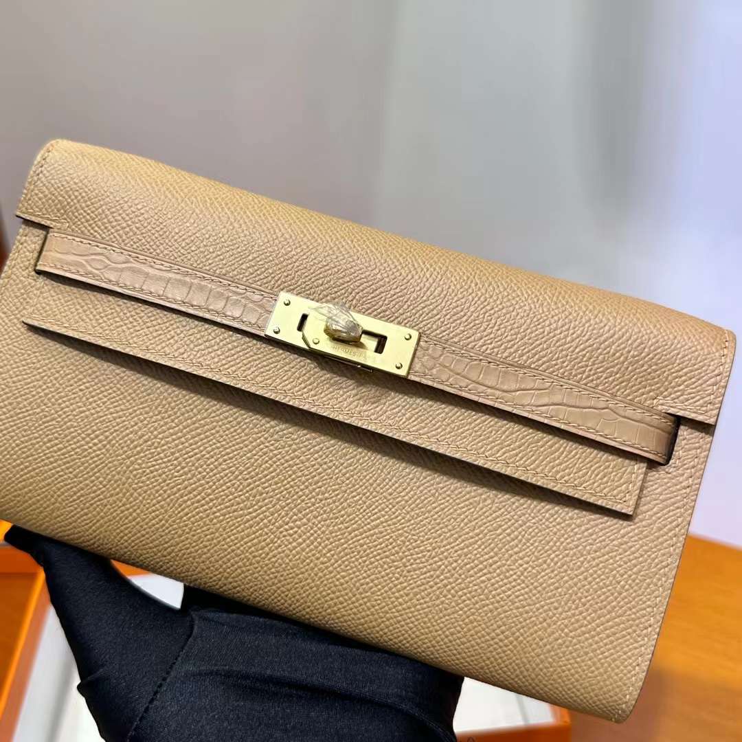 Hermès（爱马仕）Kelly to go touch Epsom 拼 雾面美洲鳄鱼皮 0M 奶茶色 金扣 22cm 全手工蜡线缝