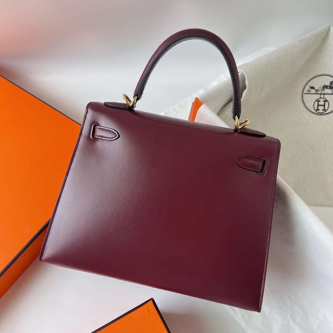Hermès（爱马仕）Kelly 凯莉包 Box皮 Ck57 波尔多酒红 金扣 金扣 25cm 全手工蜡线缝 Ghw