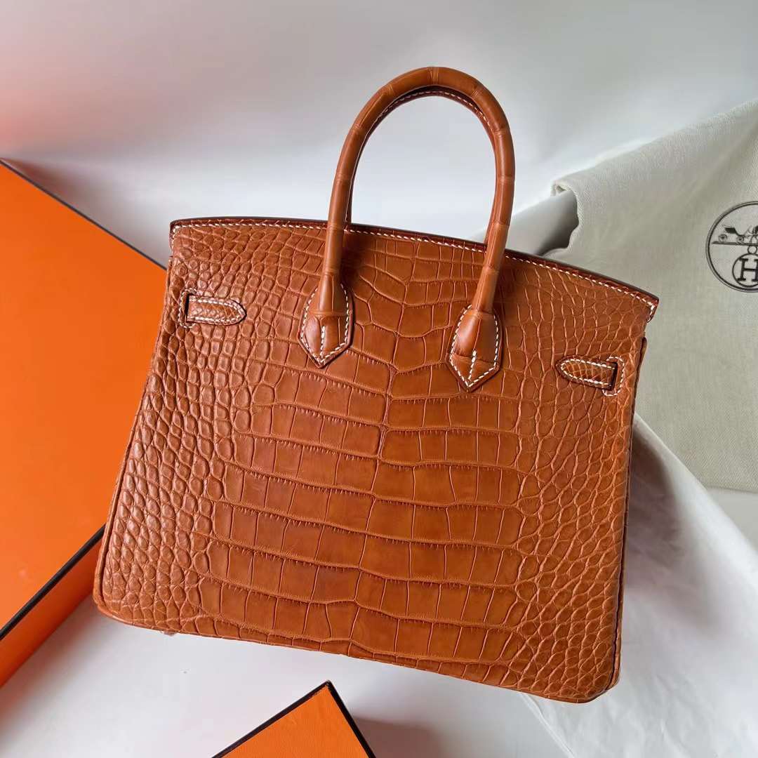 Hermès（爱马仕）Birkin 铂金包 雾面美洲鳄鱼皮 拼 马鞍皮 matte alligator crocodile CC34 原始色 银扣 25cm 全手工蜡线缝 Phw