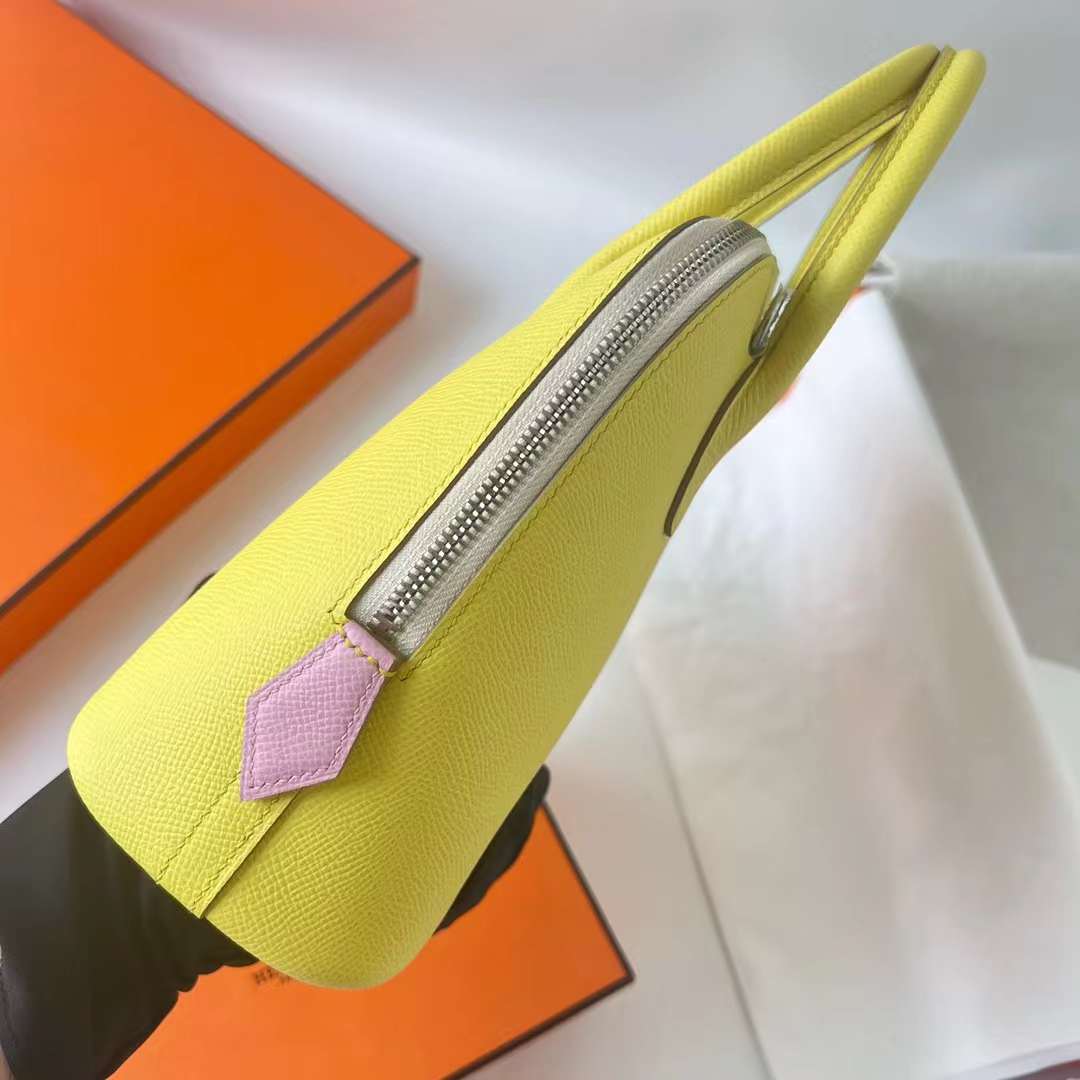 Hermès（爱马仕）Bolide 保龄球包 Epsom 9R 柠檬黄 拼 i2 奶油白 拼 X9 锦葵紫 银扣 25cm 全手工蜡线缝 Phw