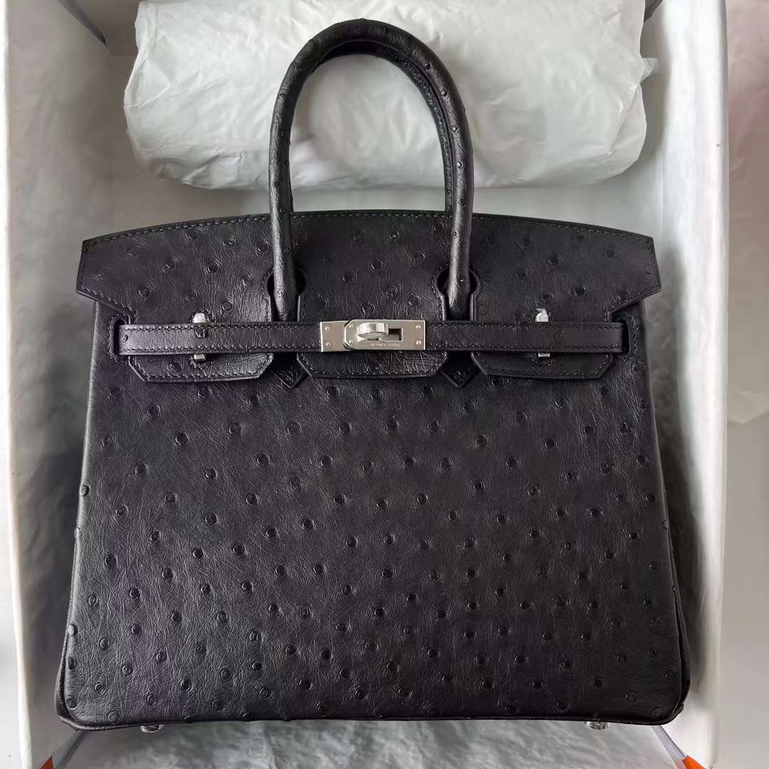 Hermès（爱马仕）Birkin 铂金包 Ostrich 进口kk南非鸵鸟皮 Ck89 黑色 银扣 原厂五金 25cm 全手工蜡线缝 Phw
