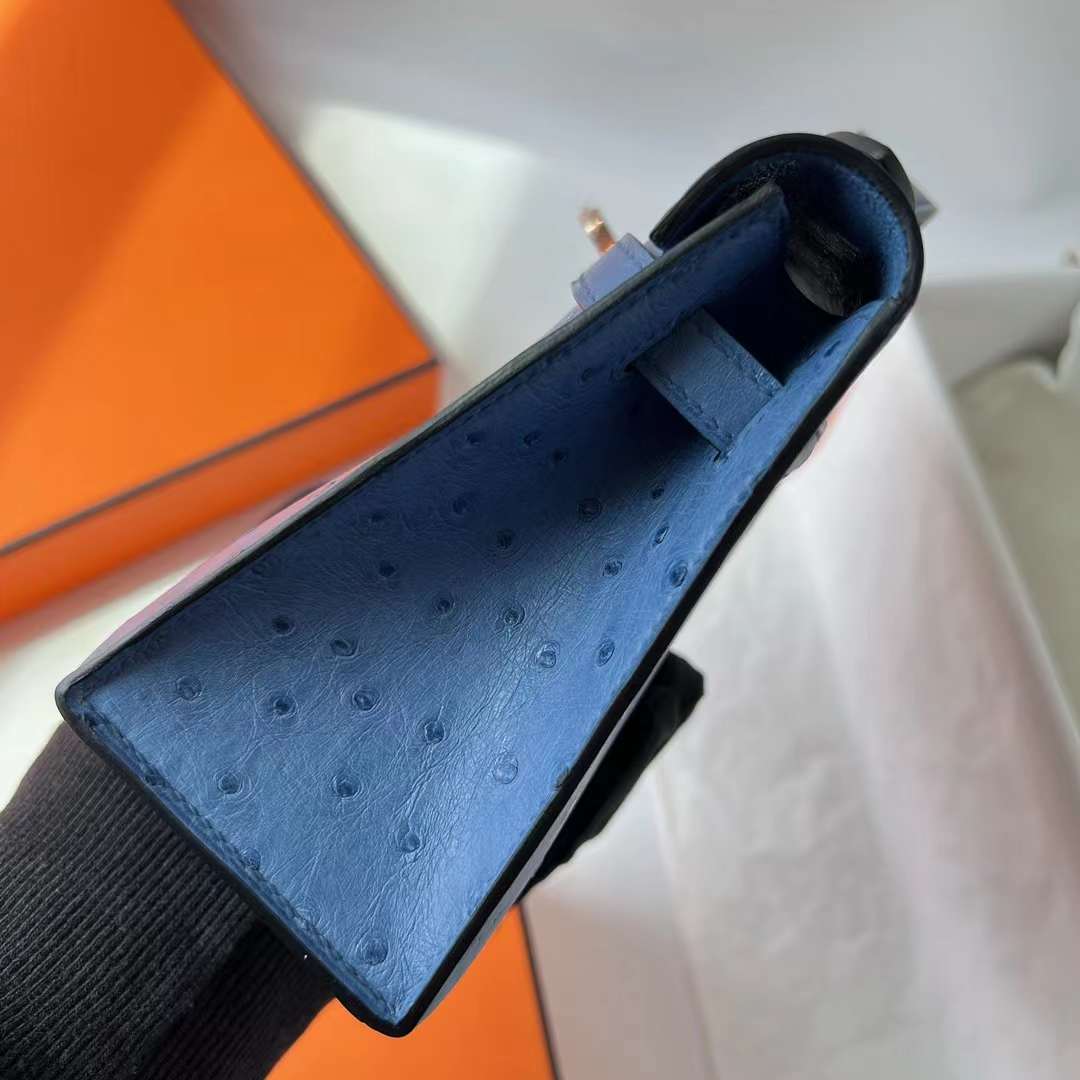 Hermès（爱马仕）Mini Kelly Pochette Ostrich 进口鸵鸟皮 2T 天堂蓝 玫瑰金扣 22cm 全手工蜡线缝 RGhw
